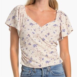 ASTR Flutter Sleeve Faux Wrap Floral Top Linen Blend size L